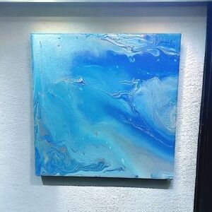 Handcrafted Blue Silver Pour Painting 12×12 Inches